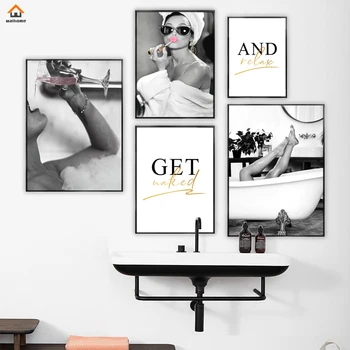 Современная сексуальная женщина Раздевается Плакат Черно-Белые Фотографии для ванной Комнаты Декоративные Картины Холст Настенное искусство Аксессуары для декора туалета
