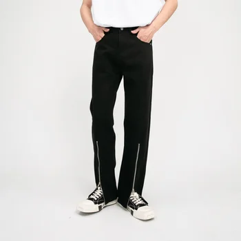 Нижняя Мужская Уличная одежда на молнии, мода в стиле хип-хоп, Свободные повседневные Прямые джинсовые брюки, мужские Корейские черные брюки