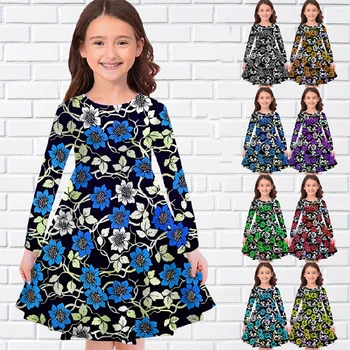 Летнее детское платье с круглым вырезом и 3D принтом в стиле ретро с цветами, платье с длинными рукавами для девочек, свободные повседневные длинные платья длиной до колен, одежда