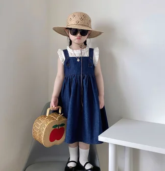 2023 Джинсовое платье для девочек в корейском стиле, модные хлопковые летние платья для девочек 2-8 лет EE668