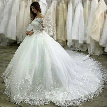 2023 Элегантные платья для выпускного вечера принцессы, Белые свадебные платья, Кружевная аппликация с длинным рукавом, Свадебное платье с открытыми плечами и вырезом лодочкой.