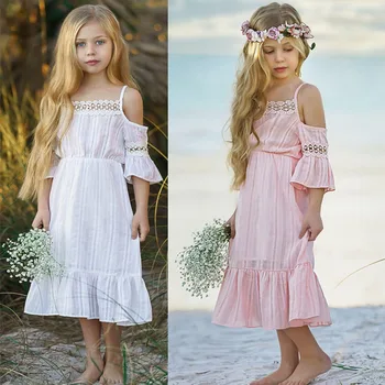 Милое платье для девочек, летние хлопковые Льняные подтяжки, платье с открытыми плечами, кружевное украшение с оборками, платье принцессы для девочек от 3 до 12 лет