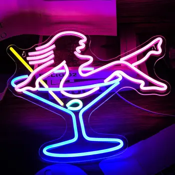 Неоновая вывеска для женского бокала с питанием от USB для декора комнаты, коктейлей, светодиодная неоновая подсветка с регулируемой яркостью для мужского настенного искусства в пещерном баре-клубе