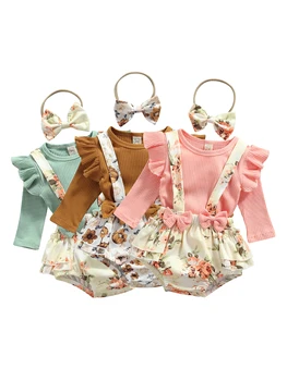 Citgeett/ Осенняя повседневная одежда для новорожденных девочек, футболка в рубчик с длинными рукавами + комбинезон с цветочным принтом, бант + повязка на голову