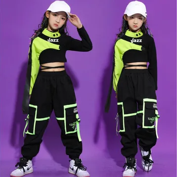 Детская бальная одежда в стиле хип-хоп, укороченный топ, толстовка, уличная одежда, тактические брюки-карго для девочек, джазовый танцевальный костюм, одежда
