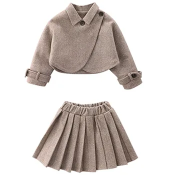 Модный комплект для девочек, детский осенне-зимний шерстяной топ + плиссированная короткая юбка, комплект из 2 предметов от 3 до 12 лет