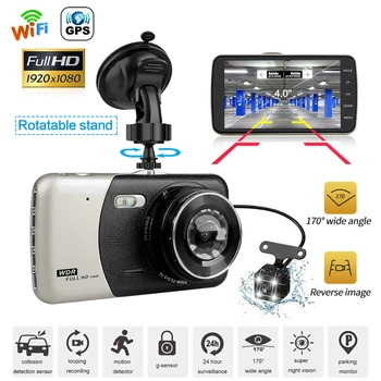 Автомобильный видеорегистратор WiFi 4.0 Full HD 1080P Видеорегистратор Камера заднего вида Видеомагнитофон Монитор автоматической парковки Черный ящик ночного видения GPS трекер