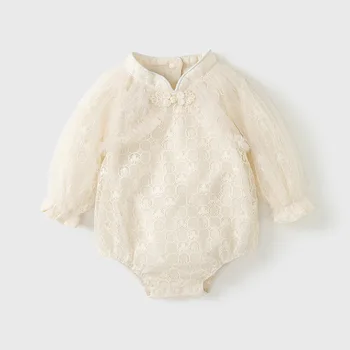 Весенние боди для маленьких девочек, Кружевной комбинезон с рукавами-фонариками в китайском стиле, Милая Одежда для младенцев от 0 до 2 лет