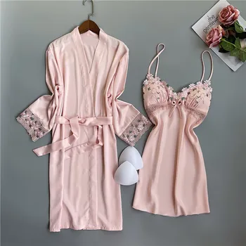 Милое Розовое кимоно с кружевным бантом, халат, комплект одежды, Женская сексуальная ночная рубашка с V-образным вырезом, Весенняя новинка, пижамы из вискозы, Домашняя одежда с цветочной вышивкой