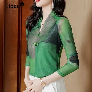 Элегантные рубашки с пуговицами и сеткой в винтажном китайском стиле для женщин 2023, Весна-лето, женская модная блузка с длинным рукавом, топ