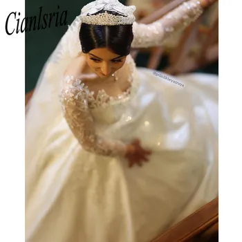 Роскошные Кружевные свадебные платья из Дубая С длинными рукавами, блестками, бисером, прозрачной аппликацией на шее, Блестящие платья невесты из тюля, Vestido de Noiva