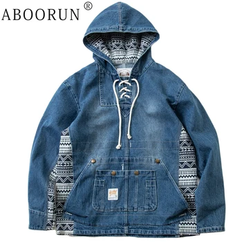 ABOORUN Мужские джинсовые куртки в национальном стиле пэчворк, уличная одежда, пуловеры с завязками, пальто в стиле хип-хоп, черные пальто