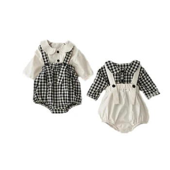 2 шт./компл., Осенний костюм для новорожденных, Одежда для маленьких девочек и мальчиков, Рубашки с длинными рукавами + Комбинезон с ремешком, Одежда для новорожденных