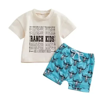 Комплекты одежды для новорожденных мальчиков, футболки с принтом коровы, Топы, синие шорты, летняя одежда