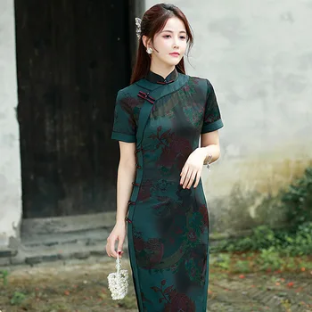 Летнее новое зеленое приталенное ципао в традиционном китайском стиле с воротником-стойкой, модное вечернее платье с короткими рукавами для девочек 2023 г.
