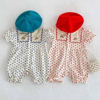 Комбинезон для новорожденных девочек из хлопка с короткими рукавами и принтом в горошек, летний комбинезон для новорожденных девочек 0-24 м, одежда для маленьких девочек