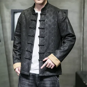 Мужская черная куртка в традиционном китайском стиле с принтом Дракона Тан, замшевые пальто Hanfu в стиле ретро Hanfu