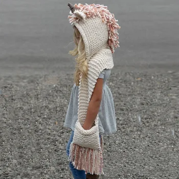 Зимняя шапка и шарф с единорогом ручной работы, вязаный крючком Дизайн с капюшоном для девочек и мальчиков, косплей