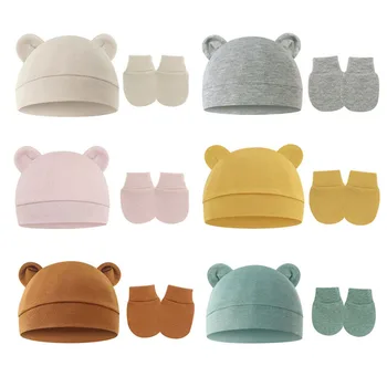 Комплект хлопчатобумажных шапочек для новорожденных 0-1 лет, больничная шапочка и варежки, однотонная эластичная теплая шапочка для новорожденных ярких цветов, перчатки