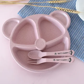 1 комплект детской миски, ложки, вилки, посуда для кормления, не содержит бисфенолаА, детские тарелки с мультяшным медведем, набор посуды для еды, тренировочная тарелка с защитой от перегрева