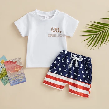 Комплект из 2 предметов для маленьких мальчиков, топ с буквенным принтом с коротким рукавом + шорты в звездную полоску, Летний наряд на День независимости для малышей