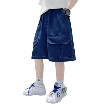 Джинсовые шорты-карго для маленьких мальчиков с карманами, летние повседневные короткие брюки для подростков, короткие брюки синего цвета для мальчиков, дети от 5 до 14 лет