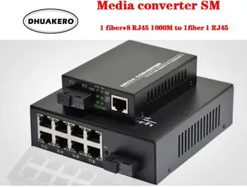 бесплатная доставка AB291 Оптоволоконный Медиаконвертер Трансивер SM 1 волокно + 8 RJ45 1000M к 1 волокну 1 RJ45