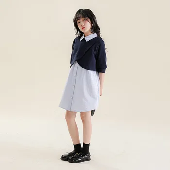 Летние платья для девочек 10 лет, школьная одежда, комплект из двух предметов, элегантная сине-белая рубашка, одежда для подростков и детей 2023