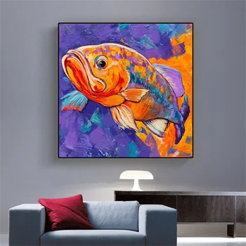 Золотая рыбка Картина маслом, Печать плакатов на холсте, стены гостиной, Поп-арт, украшение дома, Бескаркасные картины