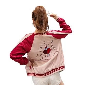 Yokosuka Новая Двусторонняя одежда, Розовая куртка с вышивкой, Гладкие Женские весенне-осенние атласные бейсбольные Повседневные Свободные пальто, женские