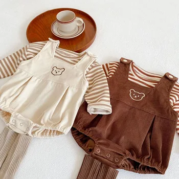 Весенний комплект детской одежды 2023 года, комплект с мишкой для маленьких девочек, детская блузка и вельветовые боди, костюм из 2 предметов