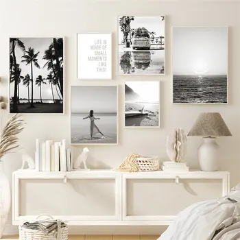 Черно-белый пейзаж с видом на море, холст, плакат с видом на море, украшение дома, гостиной, спальни, картина без рамки