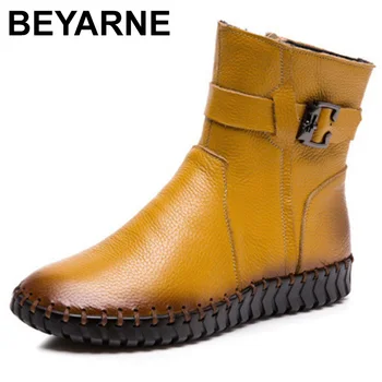 BEYARNE, модные осенние ботильоны из натуральной кожи с металлической пряжкой, женские зимние ботинки на молнии ручной работы на низком каблуке 2021 года