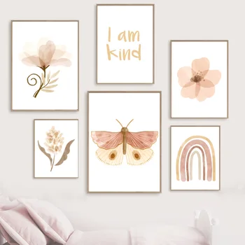 Бабочка, Радужный цветок, минималистичные плакаты и принты для детской в стиле бохо, Настенное искусство, живопись на холсте, Настенные панно, Декор детской комнаты для детей