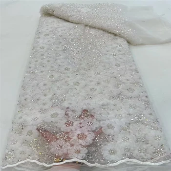 Чистый белый высококачественный дизайн, трехмерная цветочная вышивка, полиэфирный материал, ткань для свадебного платья, 5 ярдов