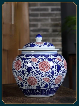 Керамическая ваза в китайском стиле с крышкой для хранения, Винтажная сине-белая фарфоровая Канистра для чая, Украшение для кухни, гостиной, Новинка