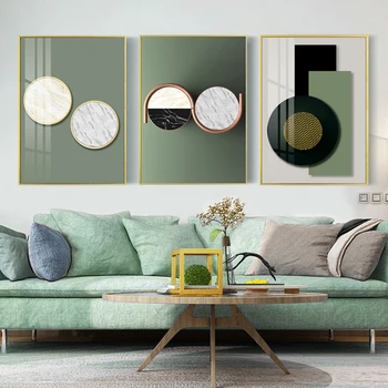 Абстрактная геометрическая зеленая настенная живопись на холсте, плакаты и печатные изображения для декора гостиной и спальни Quadros Decorativos