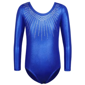 Танцевальный купальник BAOHULU со стразами, гимнастический купальник с длинным рукавом, блестящий принт для танцев, Королевский синий спортивный купальник для девочек