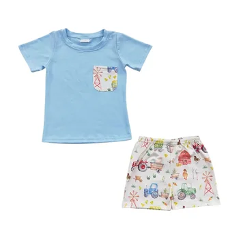 Farm Life Небесно-Голубой Топ С коротким рукавом, Комплекты Летней детской одежды, Бутик Одежды для малышей, Для Маленьких Мальчиков, 2 шт.