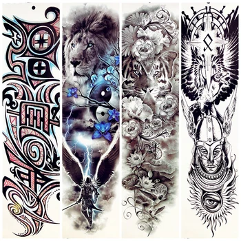 48x17 см Большая временная татуировка в стиле боди-арт с цветком Тигра, Король Лев, Темный Рыцарь, Перенос воды, мужская татуировка, Черные наклейки на рукав руки