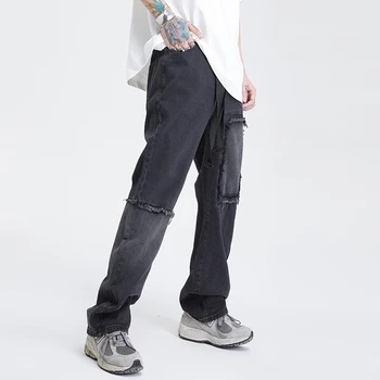 Накладные прямые джинсы для мужчин, уличная одежда, Модные строчки с заусенцами, мешковатые джинсовые брюки, мужские штаны нищего в американском стиле хип-хоп