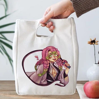 Сумки для ланча Demon Slayer, женские и мужские сумки в стиле аниме Харадзюку, портативные изолированные сумки Kanroji Mitsuri, холщовые сумки для ланча унисекс