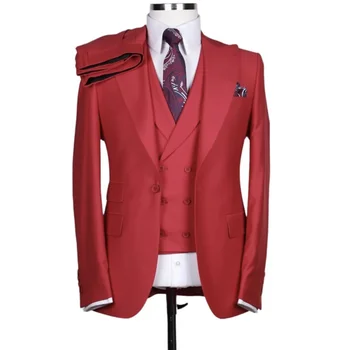 Красный Рождественский комплект для мужчин, приталенный пиджак из 3 предметов, мужской костюм, официальная деловая верхняя одежда, наряды для вечеринки, выпускного вечера, Мужская одежда, комплект блейзеров